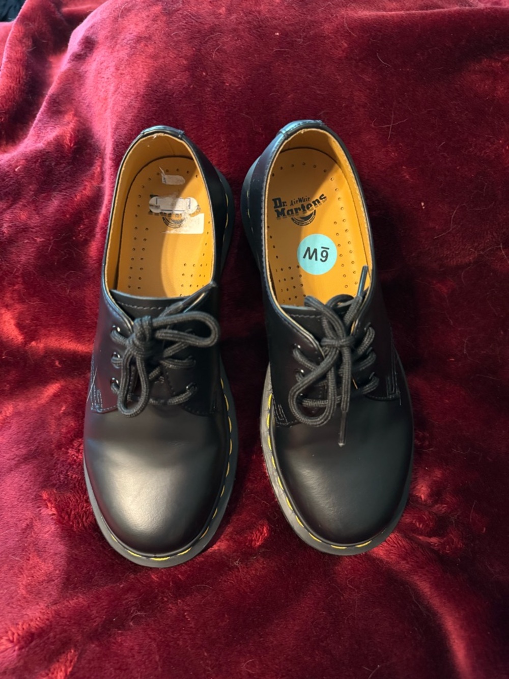 Dr. Martens Black Leather 3-Eye Lace-Up Oxfords with Yellow Stitching